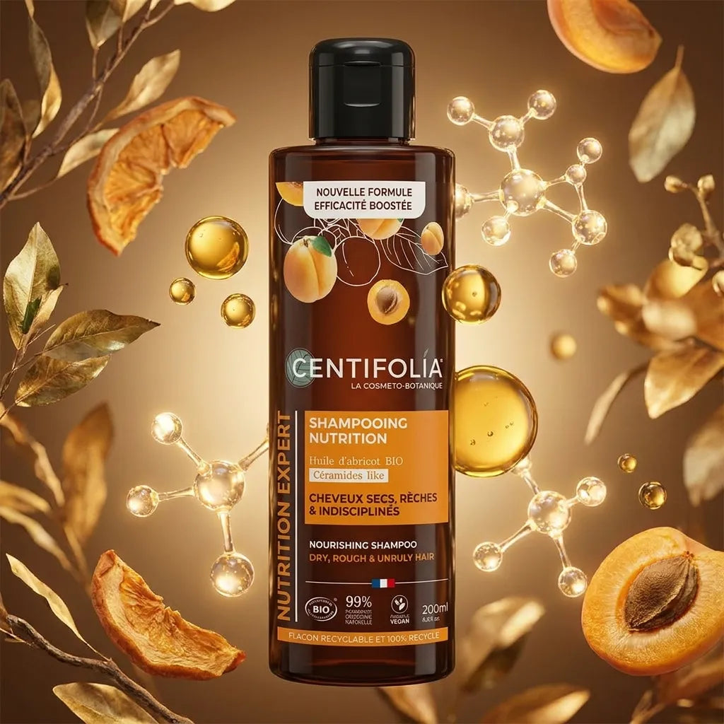 Shampoing nutrition bio Centifolia avec huile d'abricot et céramides, fond doré luxe