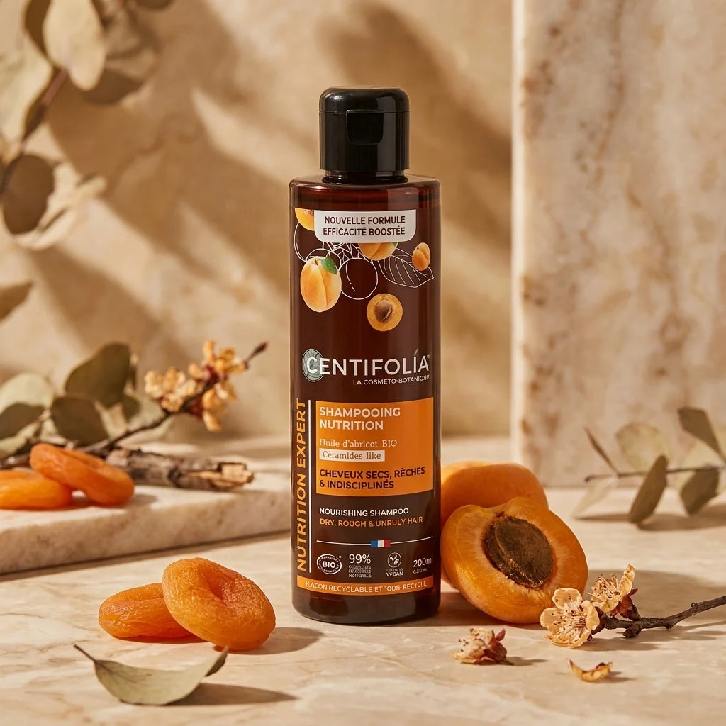 Shampoing nutrition bio Centifolia avec abricots secs et éléments botaniques naturels sur marbre luxueux