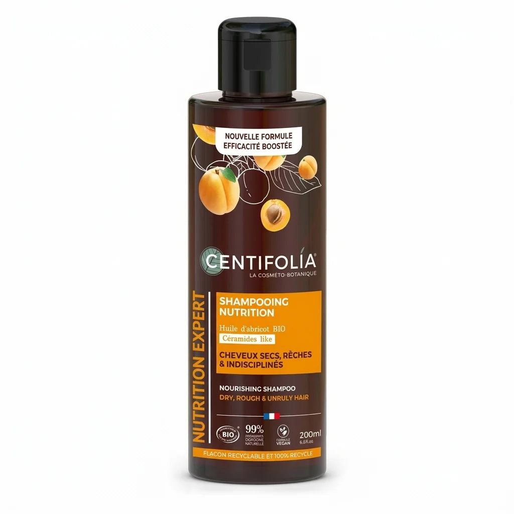 Shampoing nutrition bio Centifolia 200ml en flacon verre brun avec étiquette orange