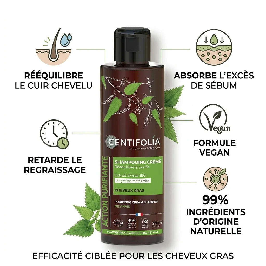 Shampoing purifiant Centifolia bio vegan avec infographie des 5 bénéfices pour cheveux