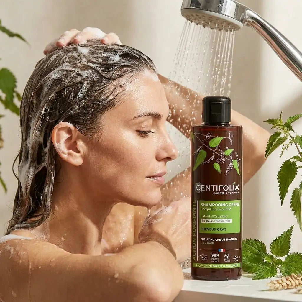 Shampoing purifiant Centifolia bio vegan femme cheveux gras mousse nettoyage cuir chevelu