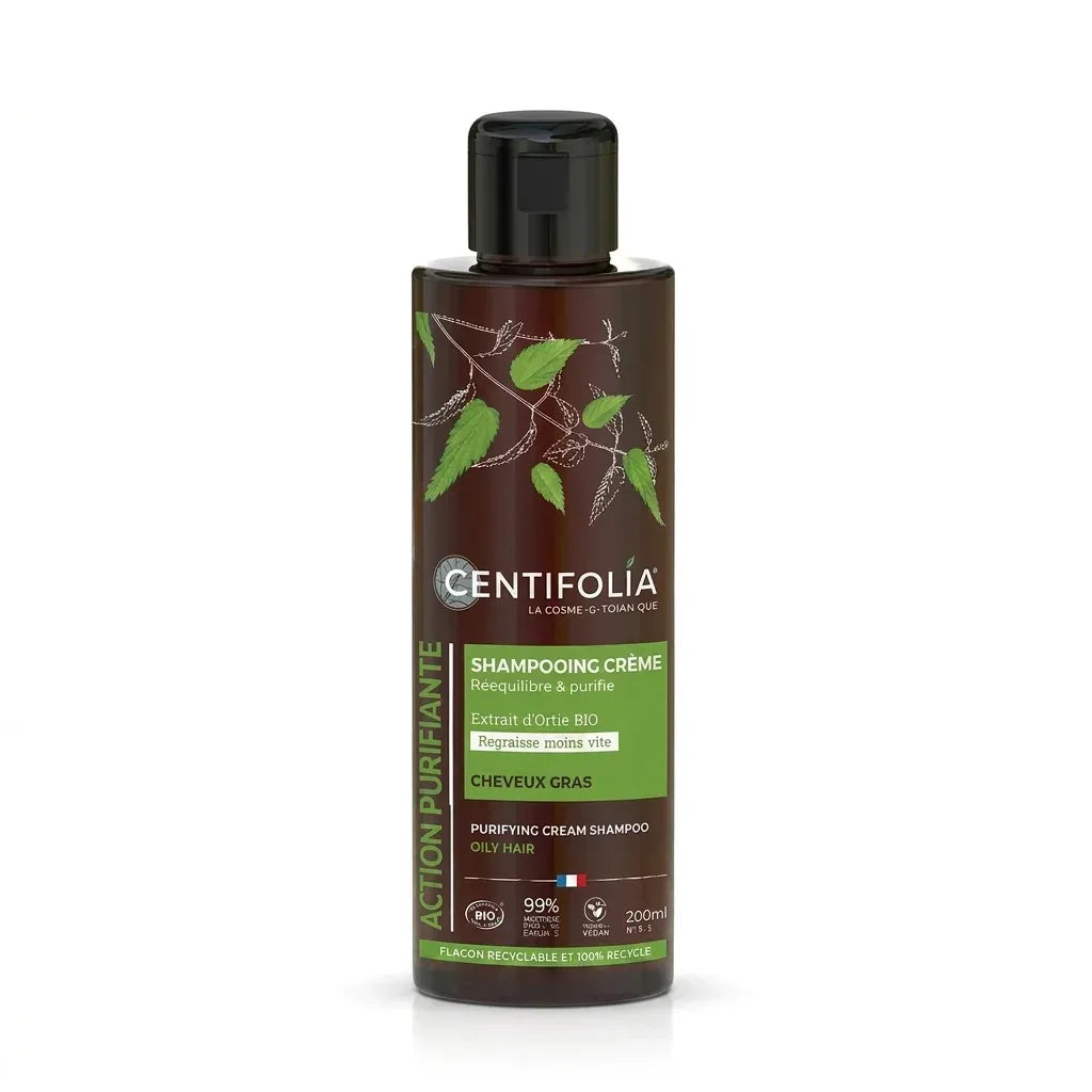 Shampoing purifiant bio Centifolia en flacon verre brun avec étiquette verte sur fond blanc