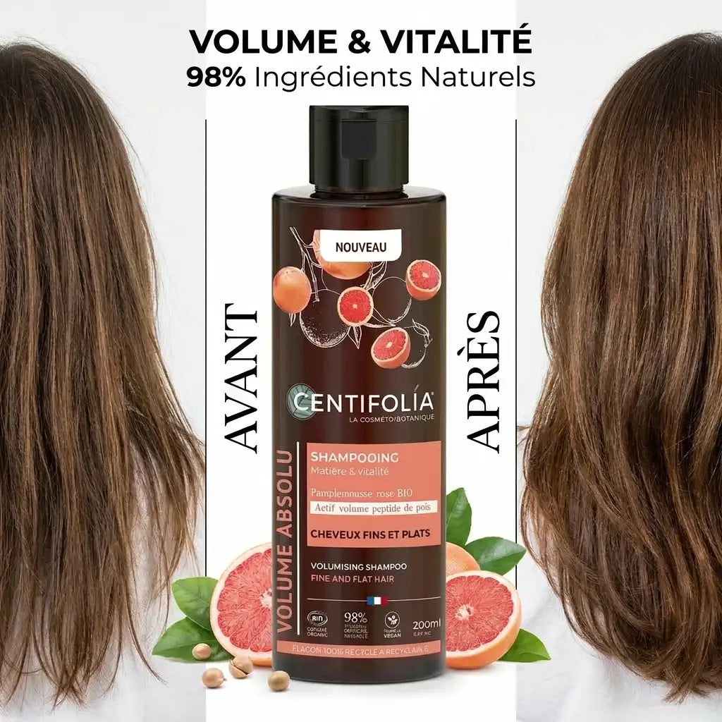 Comparaison avant/après shampoing volume bio Centifolia - cheveux fins transformés avec plus de volume et vitalité