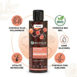 Shampoing volume bio Centifolia - infographie des bénéfices avec formule 98% naturelle sans silicones