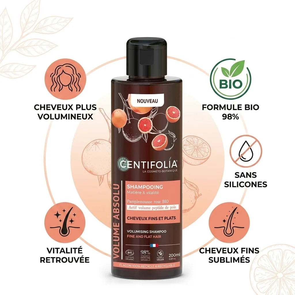 Shampoing volume bio Centifolia - infographie des bénéfices avec formule 98% naturelle sans silicones