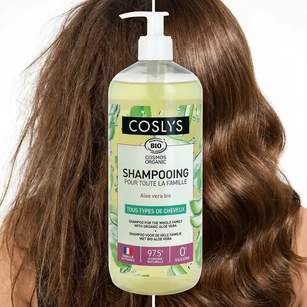 Shampooing Aloe vera Coslys bio - avant/après cheveux brillants et volumineux