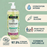 Shampooing Aloe vera bio Coslys avec icônes de bénéfices : hydratation, sans silicone, famille, certification