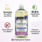 Shampooing anti-jaunissement Coslys bio avec infographie des bénéfices et ingrédients naturels