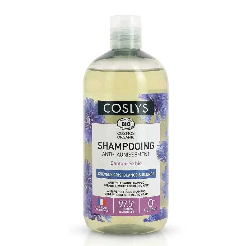Shampooing anti-jaunissement bio Coslys certifié, flacon avec étiquette bleuet violet