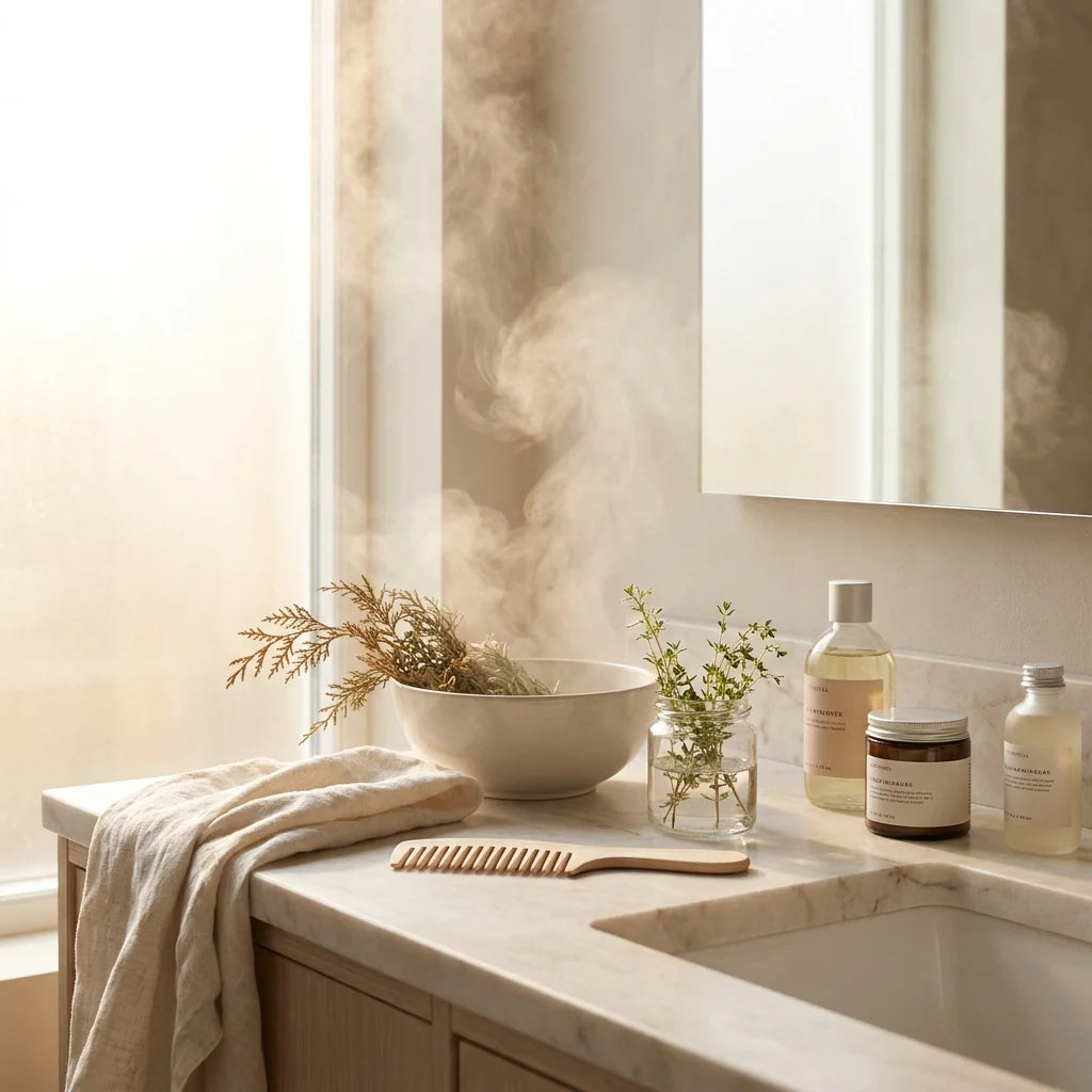 Shampooing anti-pelliculaire bio Florame avec herbes botaniques sur marbre blanc