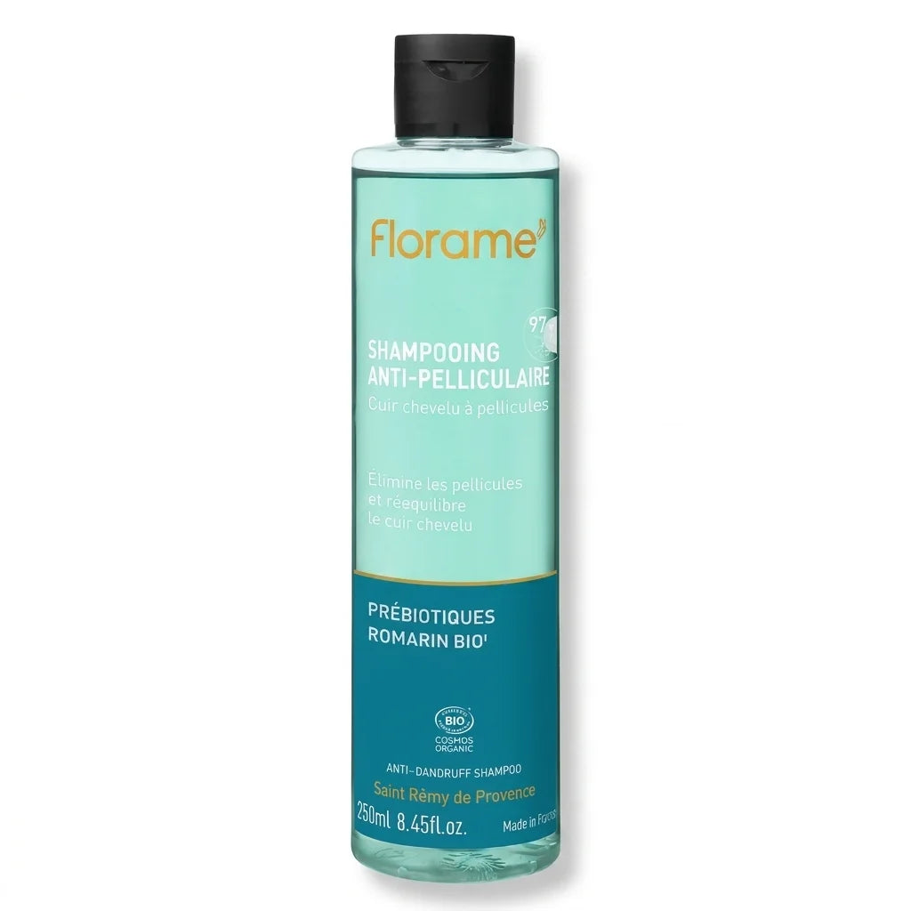 Florame shampooing anti-pelliculaire bio 250ml certifié, bouteille turquoise et bleu