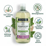 Shampooing antipelliculaire bio Coslys avec icônes de bénéfices et certification naturelle