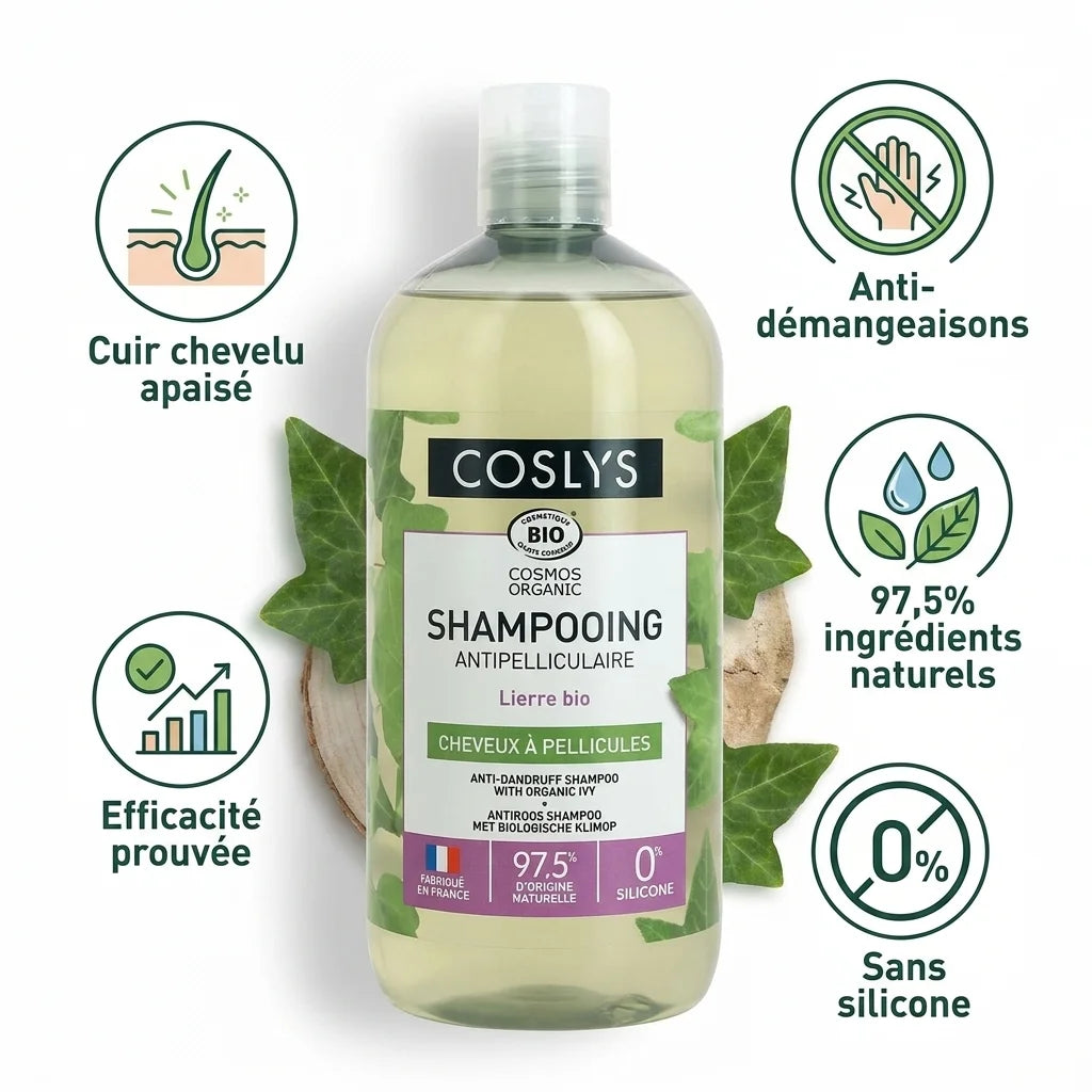 Shampooing antipelliculaire bio Coslys avec icônes de bénéfices et certification naturelle