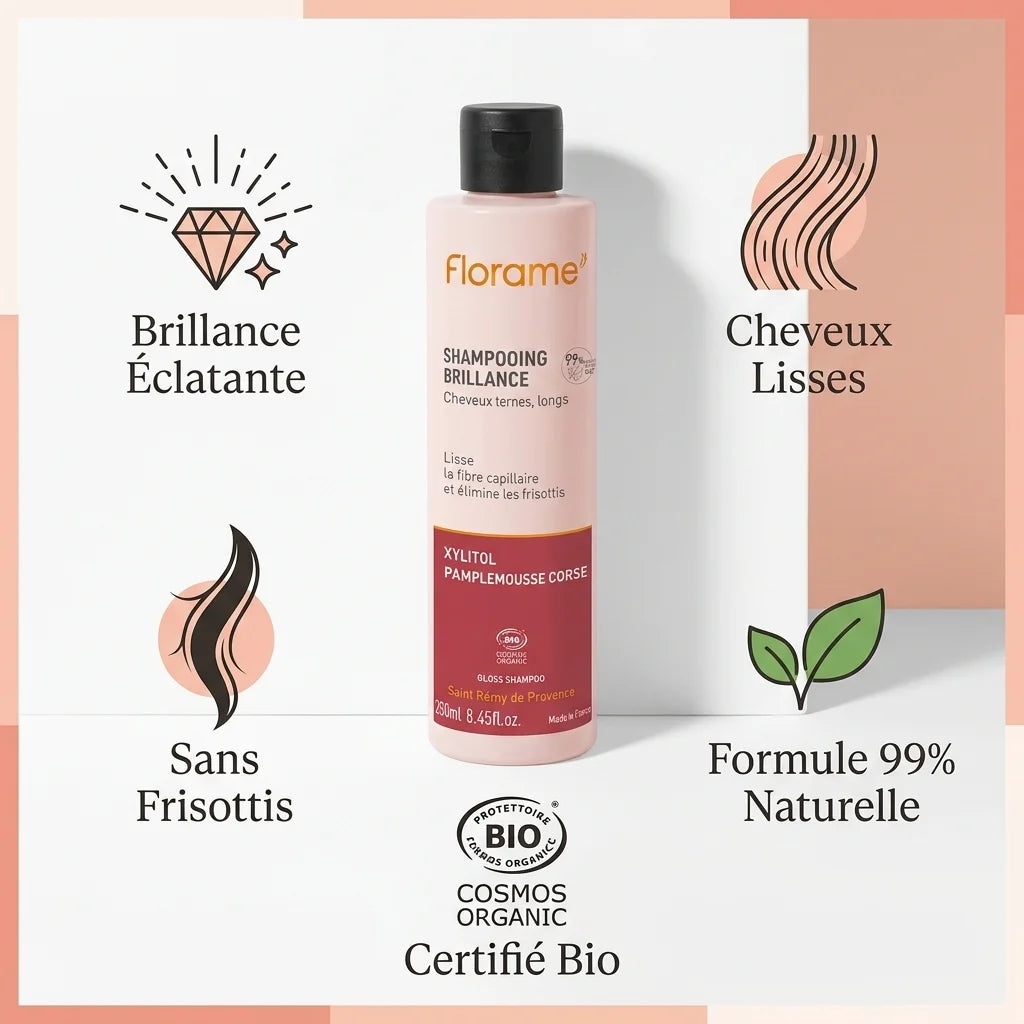 Florame Shampooing Brillance bio - Flacon avec bénéfices: brillance, cheveux lisses, sans frisottis, formule naturelle