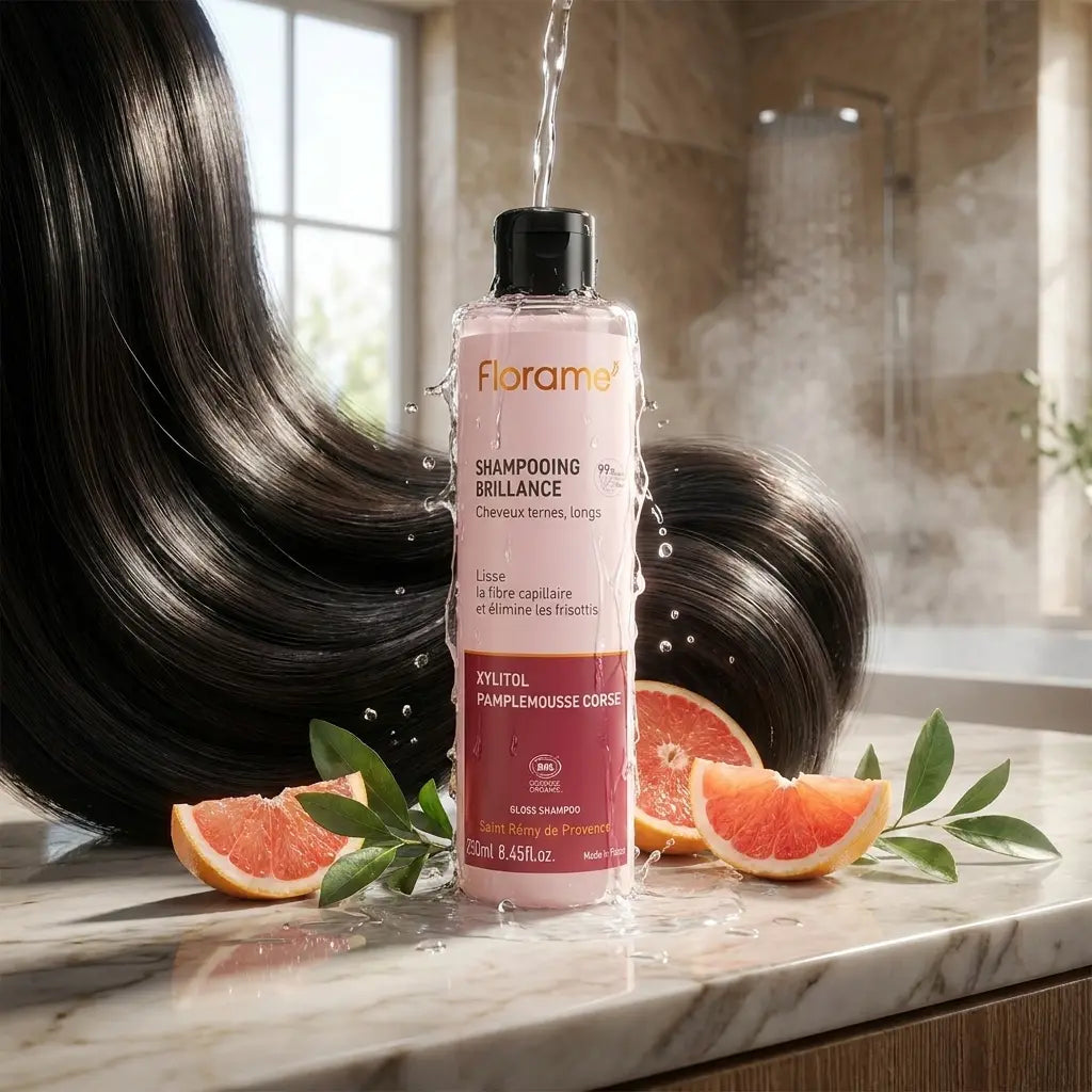 Shampooing Brillance bio Florame avec cheveux brillants et eau cascade en ambiance spa luxe