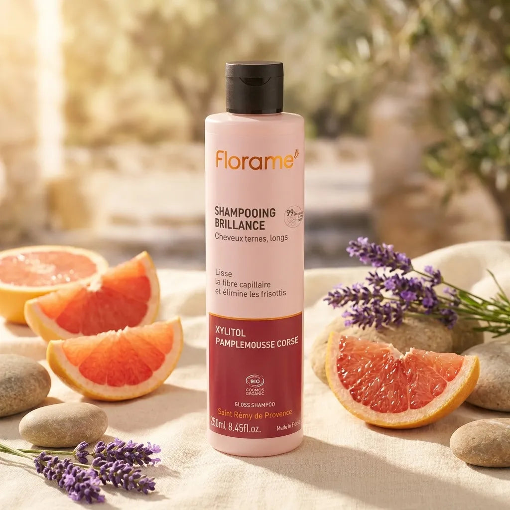 Shampooing Brillance Florame bio avec pamplemousse et lavande sur lin crème