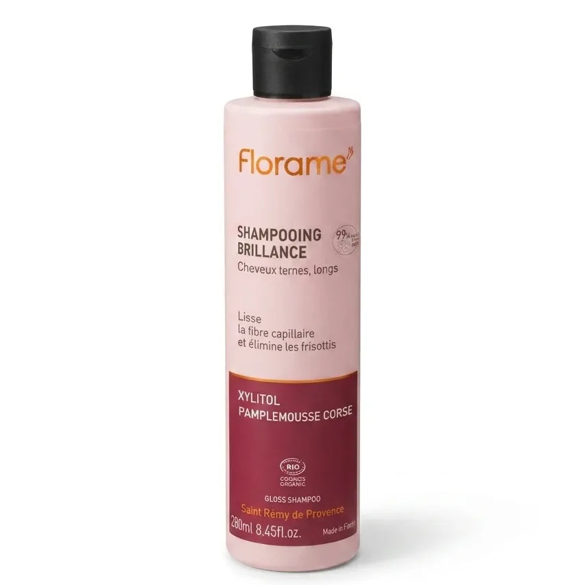 Shampooing Brillance certifié bio Florame bouteille rose sur fond blanc