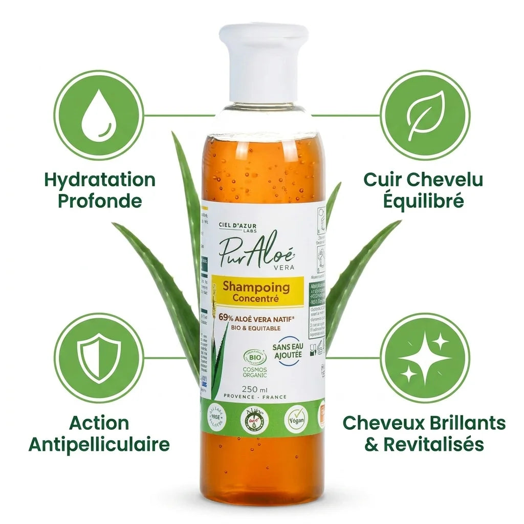 Shampooing bio Pur'Aloé 70% Aloe Vera avec bénéfices: hydratation, équilibre cuir chevelu, antipelliculaire