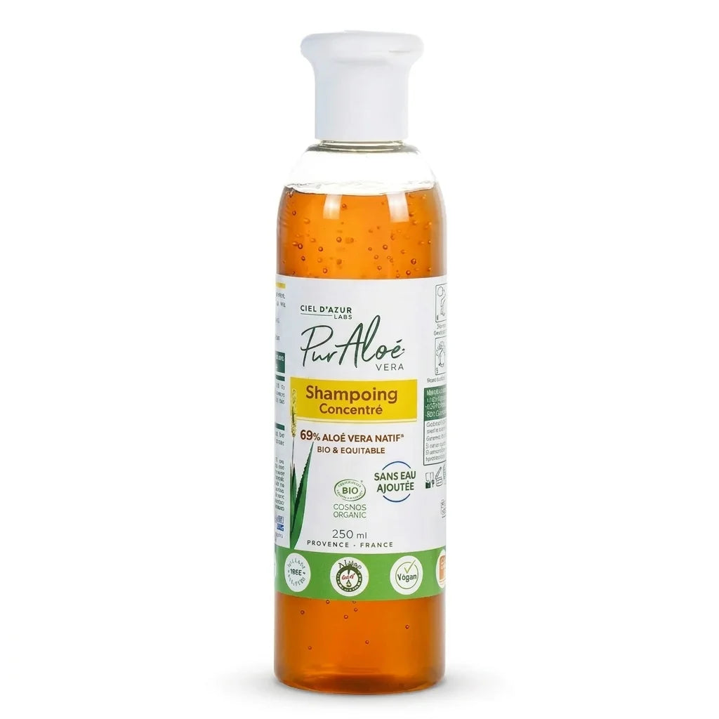 Shampooing bio Pur'Aloé 250ml à 70% Aloe Vera avec pompe, certifié bio