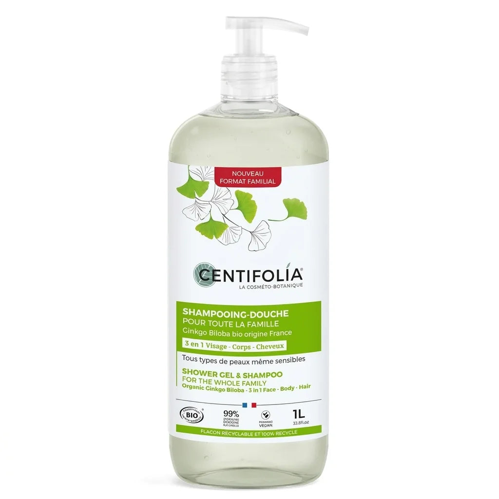 Shampooing-douche 3 en 1 bio Centifolia avec étiquette verte sur fond blanc