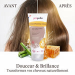 Shampooing doux bio Miel & Bambou Propolia avant/après : cheveux brillants et volumineux naturellement