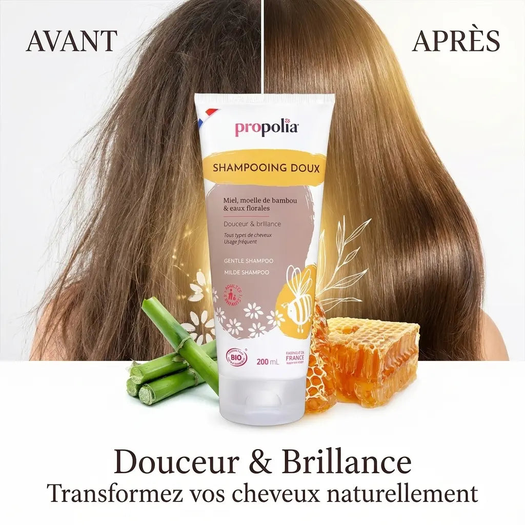 Shampooing doux bio Miel & Bambou Propolia avant/après : cheveux brillants et volumineux naturellement