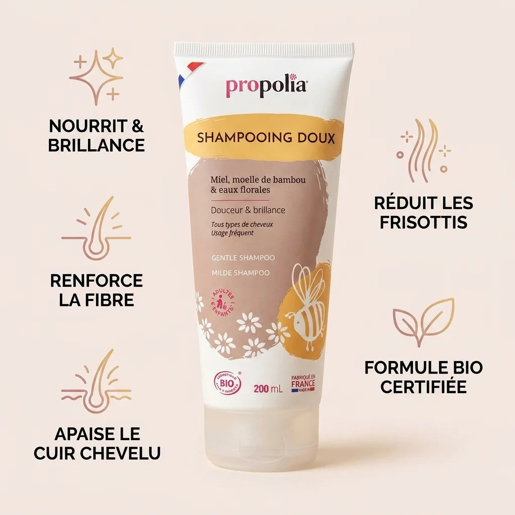 Shampooing Bio Miel & Bambou Propolia avec bénéfices : brillance, renforce fibre, apaise cuir chevelu