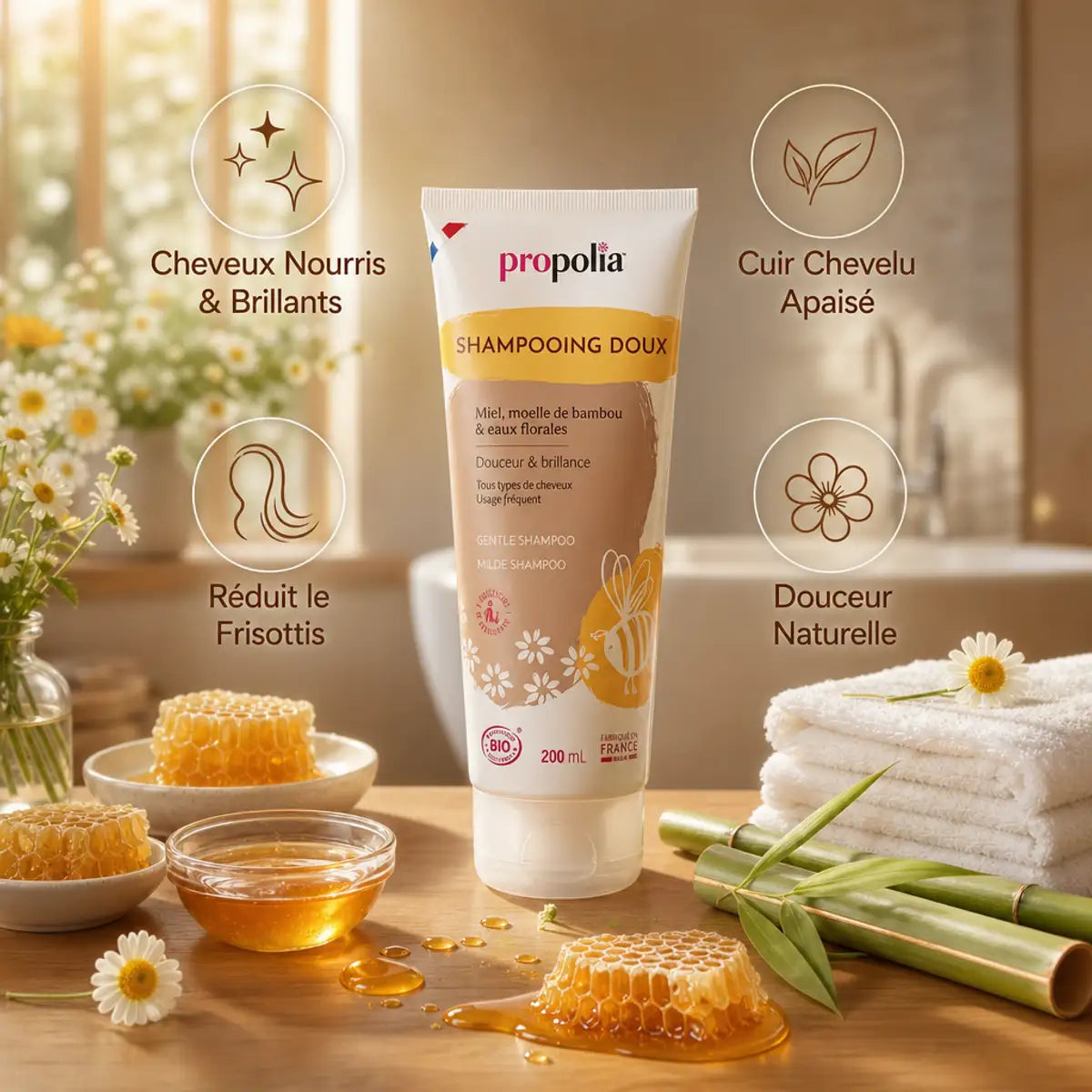 Shampooing Bio Miel & Bambou Propolia avec bénéfices : cheveux nourris, cuir chevelu apaisé, réduit frisottis