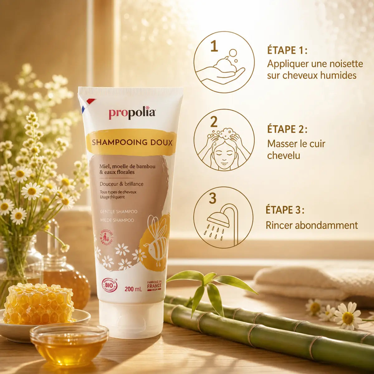 Shampooing Doux Bio Miel & Bambou Propolia avec étapes d'utilisation et ingrédients naturels