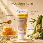 Shampooing doux bio Miel & Bambou Propolia avec ingrédients actifs naturels sur fond beige