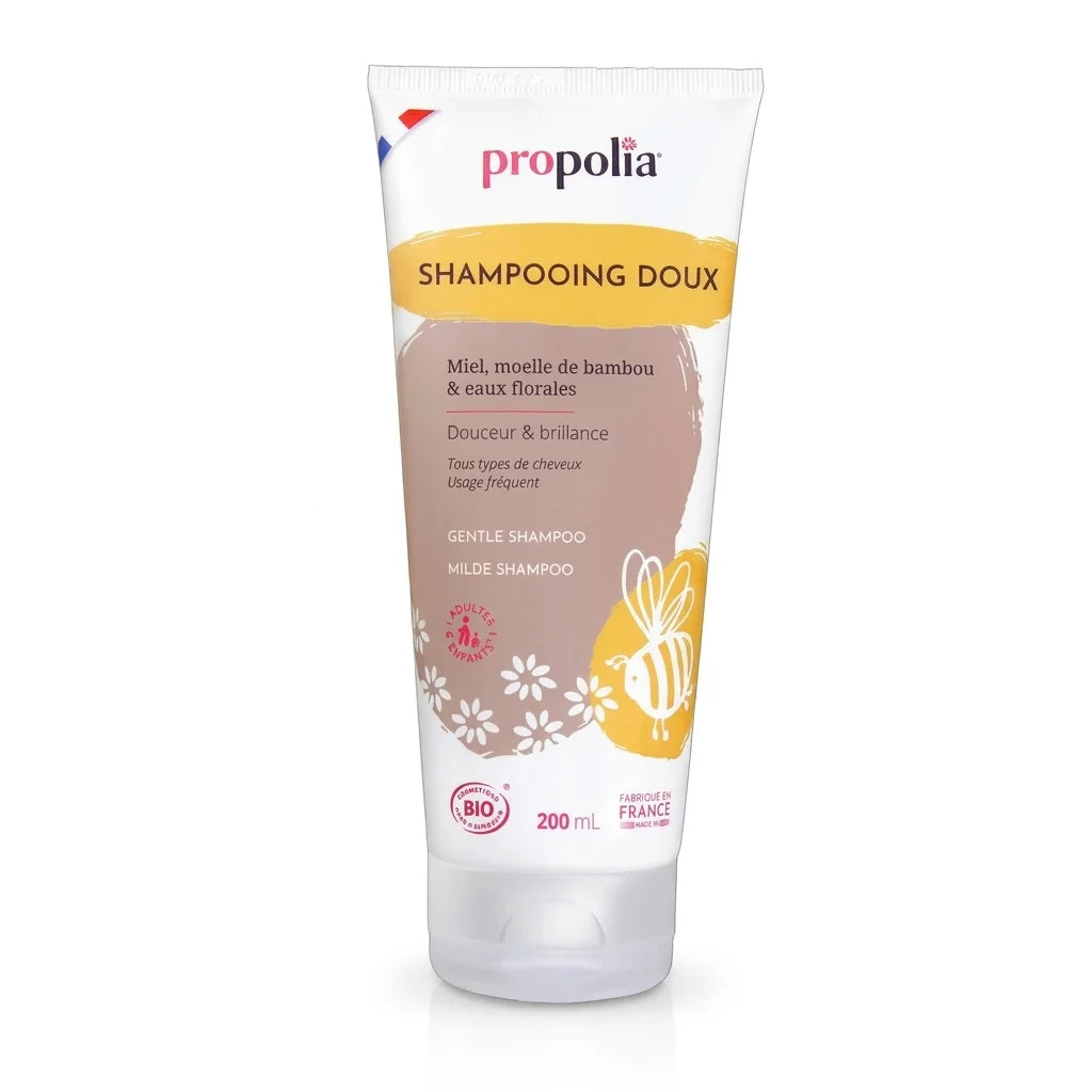 Shampooing doux Bio Miel & Bambou Propolia tube produit sur fond blanc