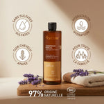 Shampooing bio Florame flacon verre ambré avec icônes bénéfices et brins de lavande