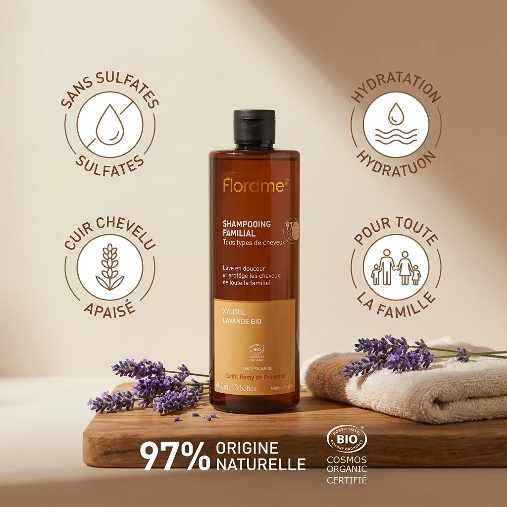 Shampooing bio Florame flacon verre ambré avec icônes bénéfices et brins de lavande