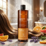 Shampooing Florame bio en bouteille avec lavande et agrumes dans salle de bain luxe