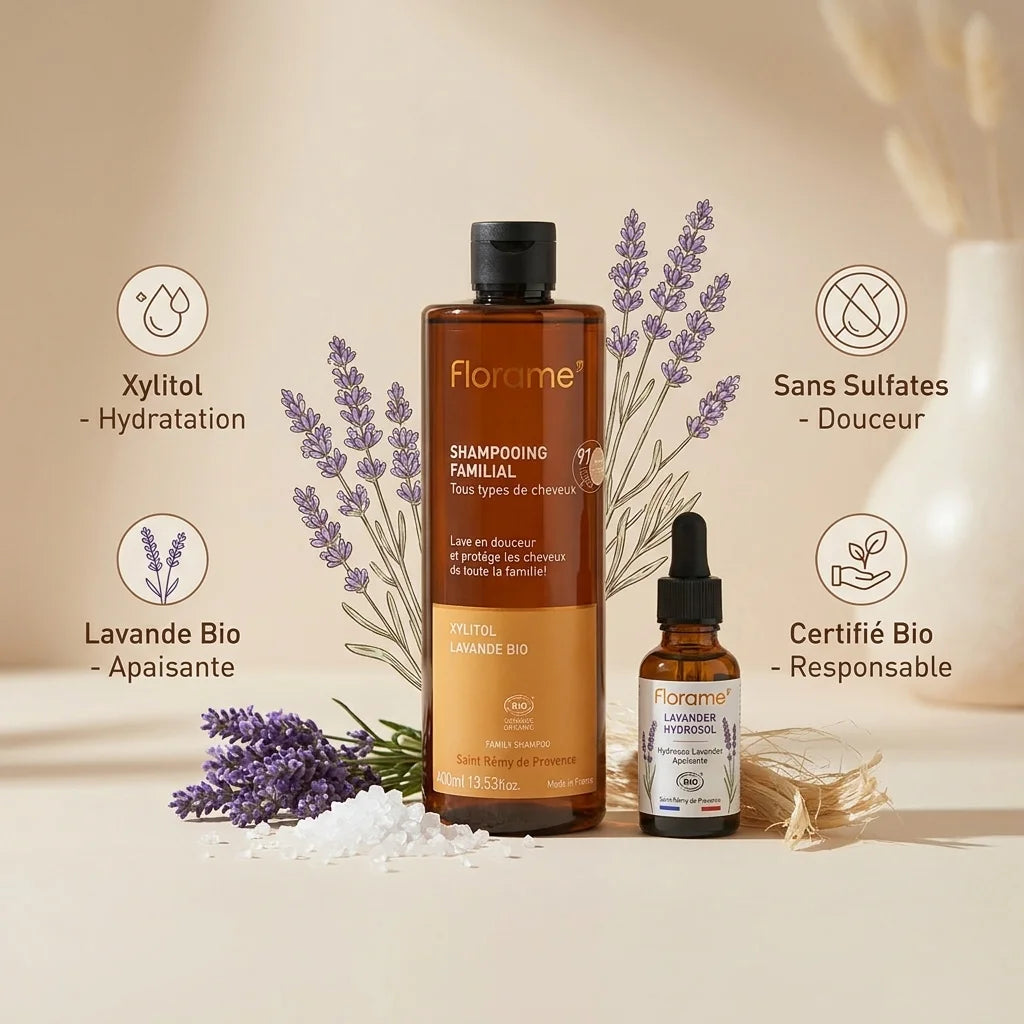 Shampooing familial bio Florame avec ingrédients naturels lavande et xylitol certifiés