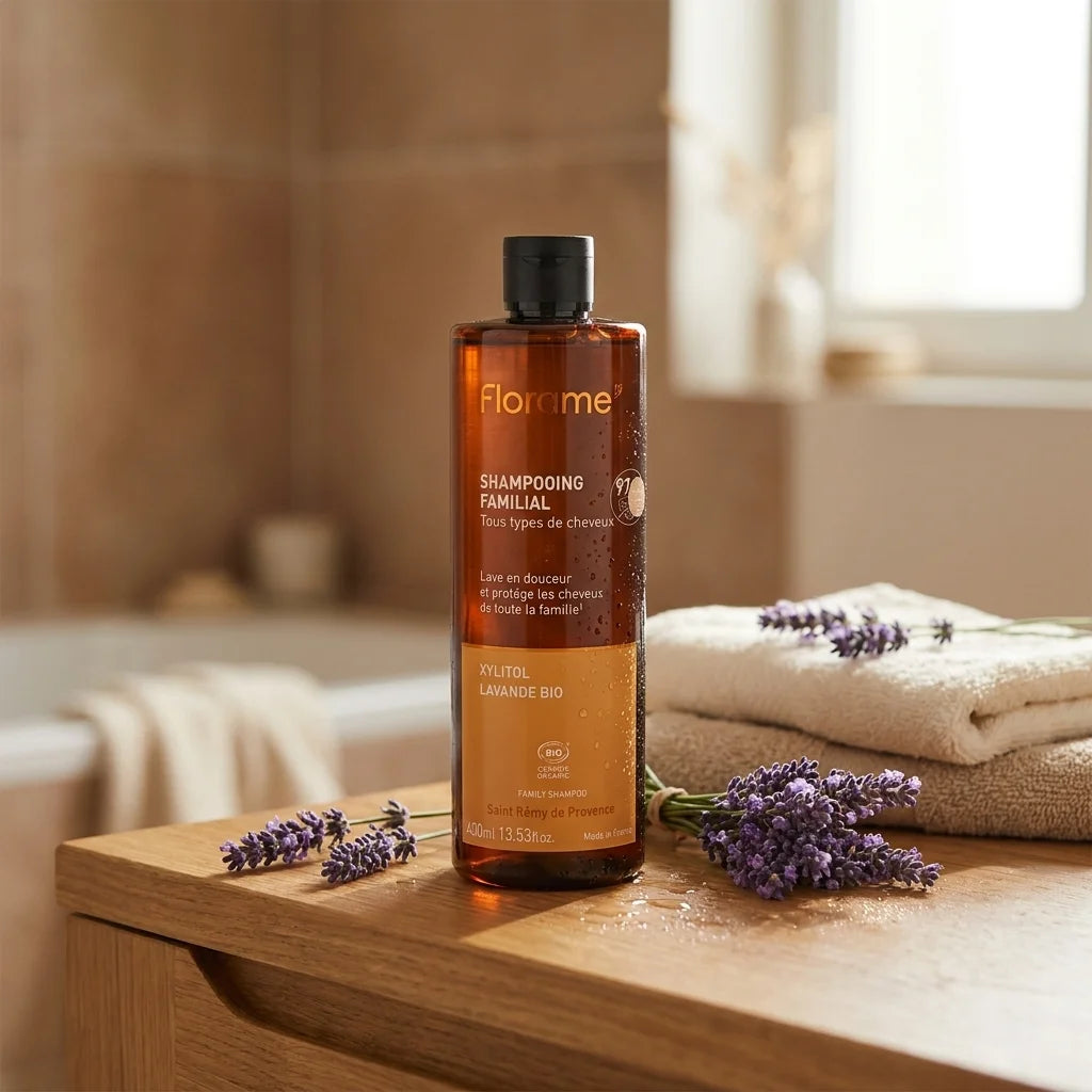 Shampooing Florame bio familial avec lavande sur vanité, serviettes et gouttes d'eau