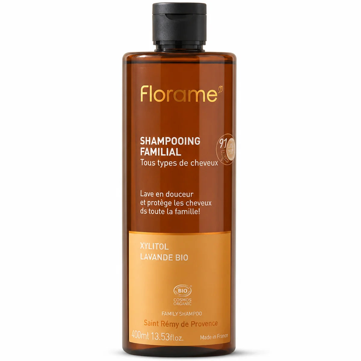 Shampooing Florame familial bio certifié en flacon verre ambré avec certification lavande