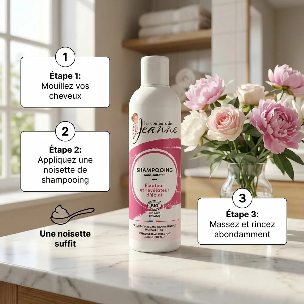 Shampooing bio Couleurs de Jeanne guide d'utilisation étapes application cheveux
