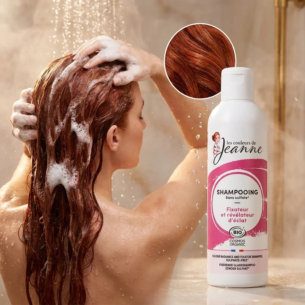 Shampooing bio Couleurs de Jeanne avec femme aux cheveux colorés brillants sous l'eau