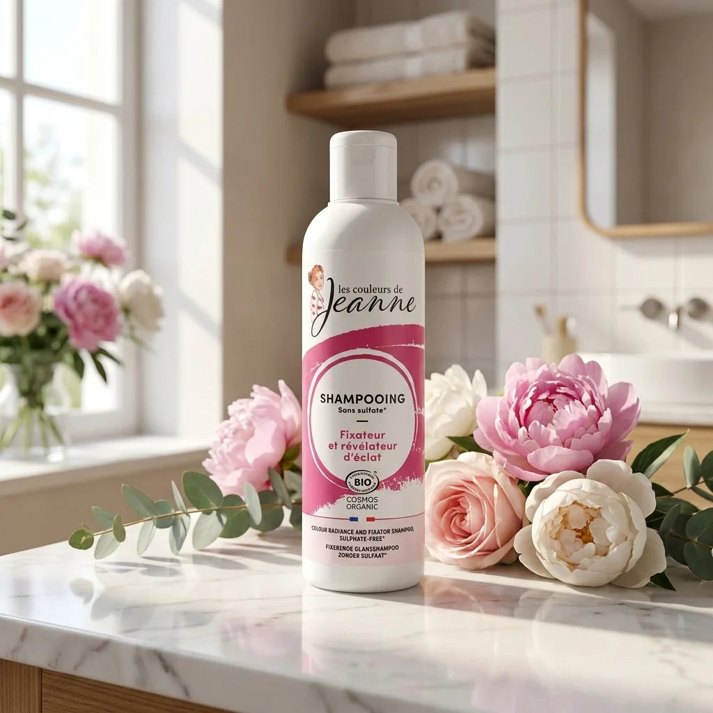 Shampooing bio Couleurs de Jeanne sur vanité marbre avec fleurs, éclat naturel