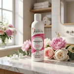 Shampooing bio Couleurs de Jeanne sur vanité marbre avec fleurs, éclat naturel
