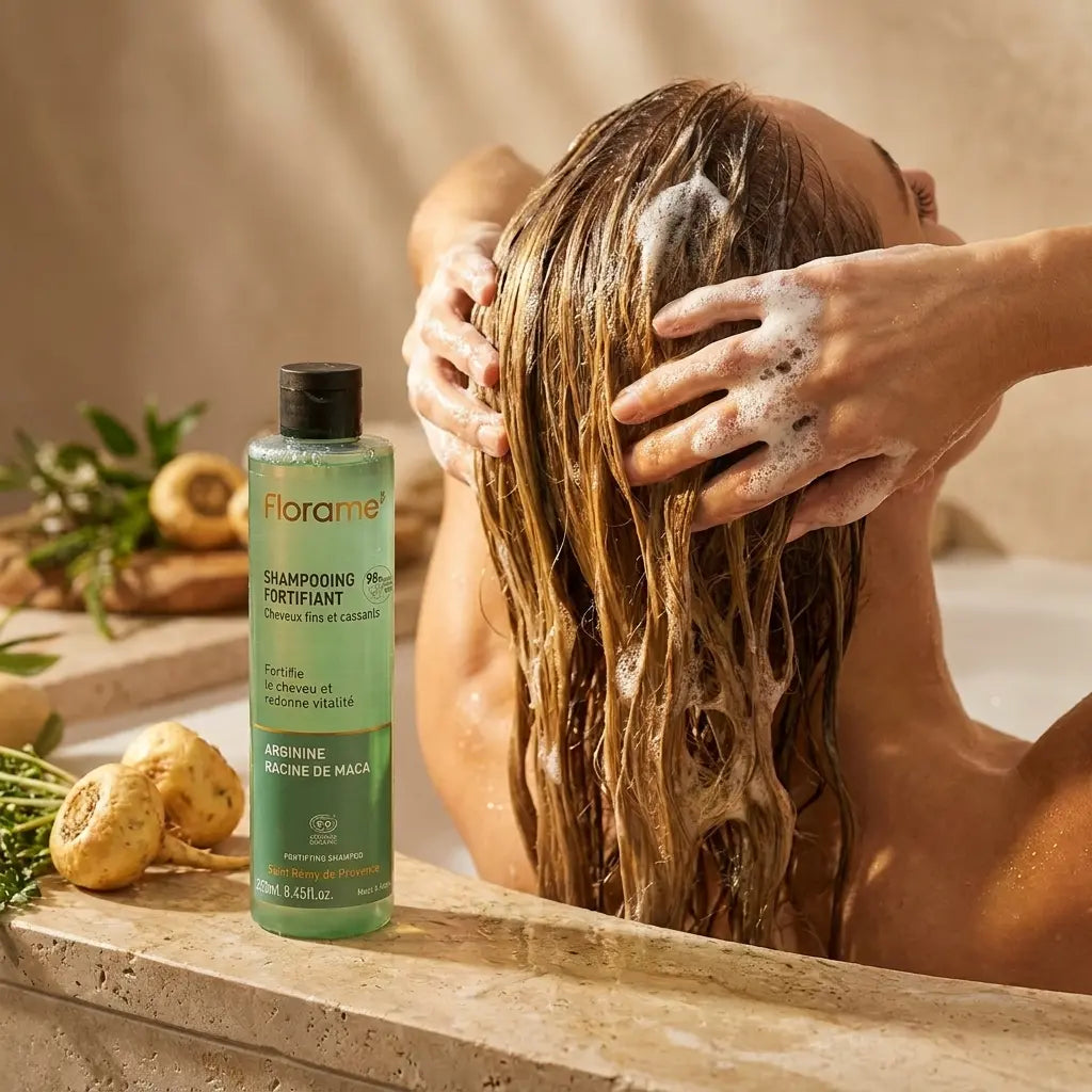 Shampooing Florame bio fortifiant en application sur cheveux, massage du cuir chevelu avec mousse riche