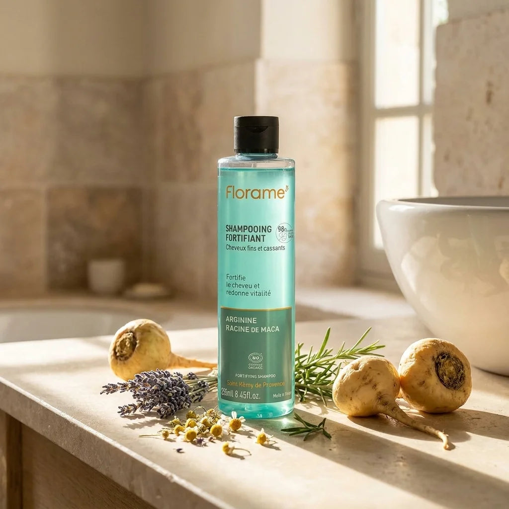 Shampooing fortifiant bio Florame en flacon turquoise sur plan de travail provençal avec botaniques naturelles