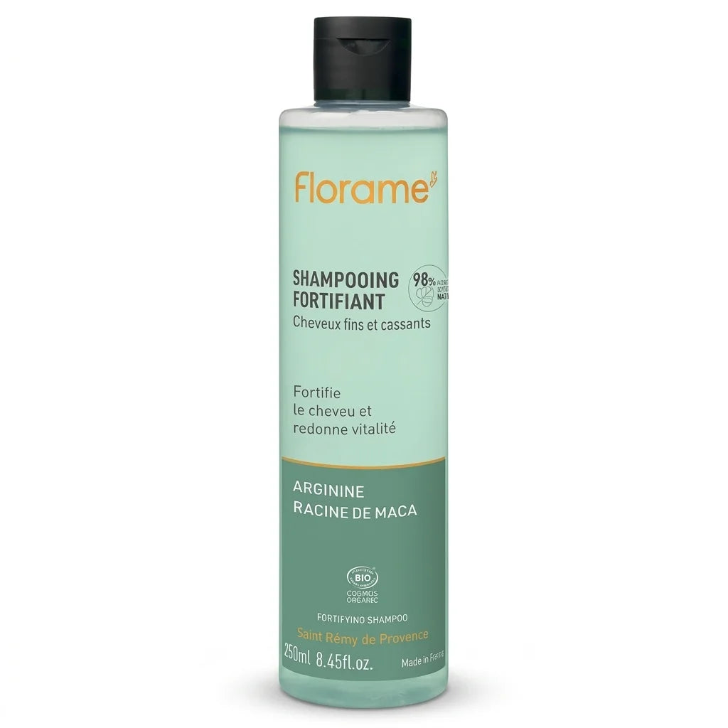 Flacon Shampooing Fortifiant bio Florame vert menthe avec bouchon noir sur fond blanc