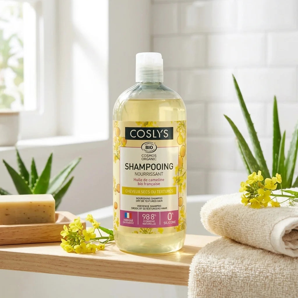 Shampooing nourrissant bio Coslys avec fleurs et plantes naturelles en salle de bain