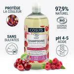 Shampooing protecteur de couleur bio Coslys avec fruits rouges, bénéfices naturels et sans sulfates