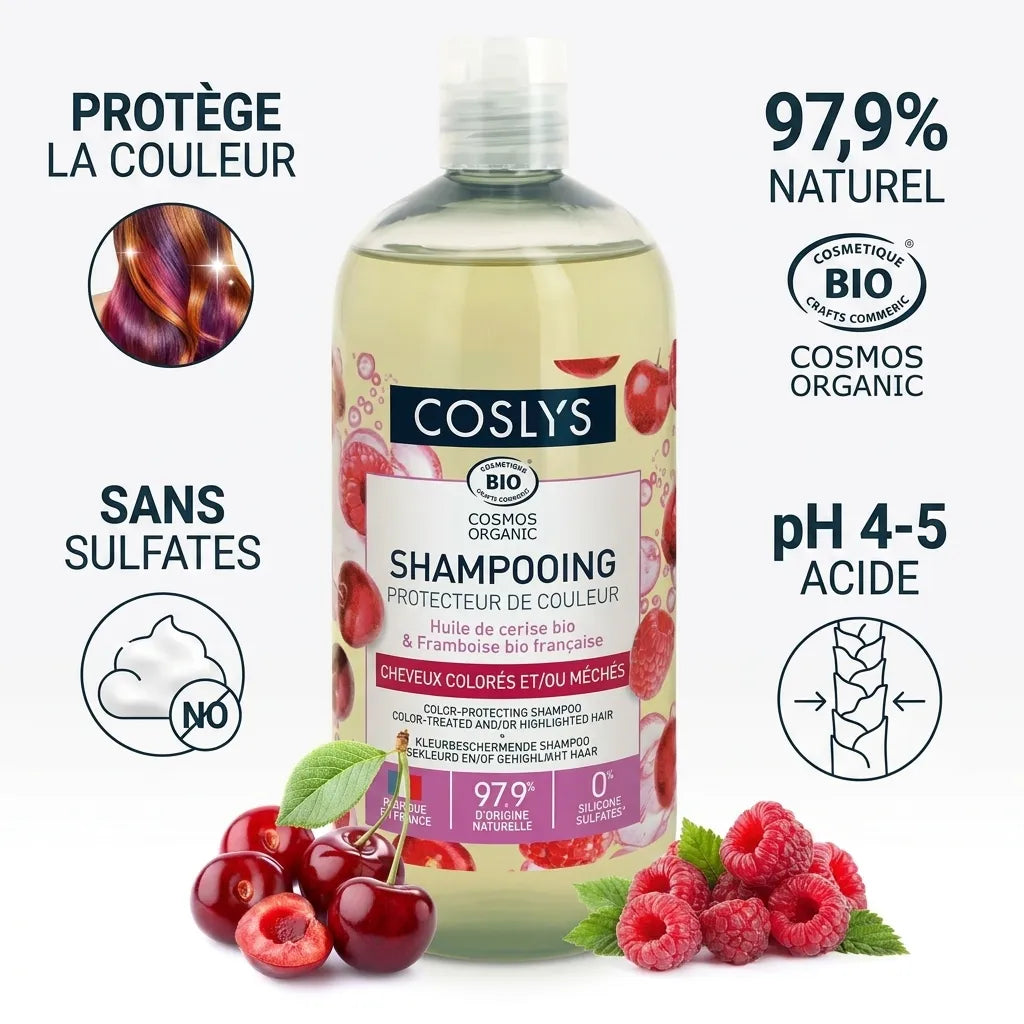 Shampooing protecteur de couleur bio Coslys avec fruits rouges, bénéfices naturels et sans sulfates