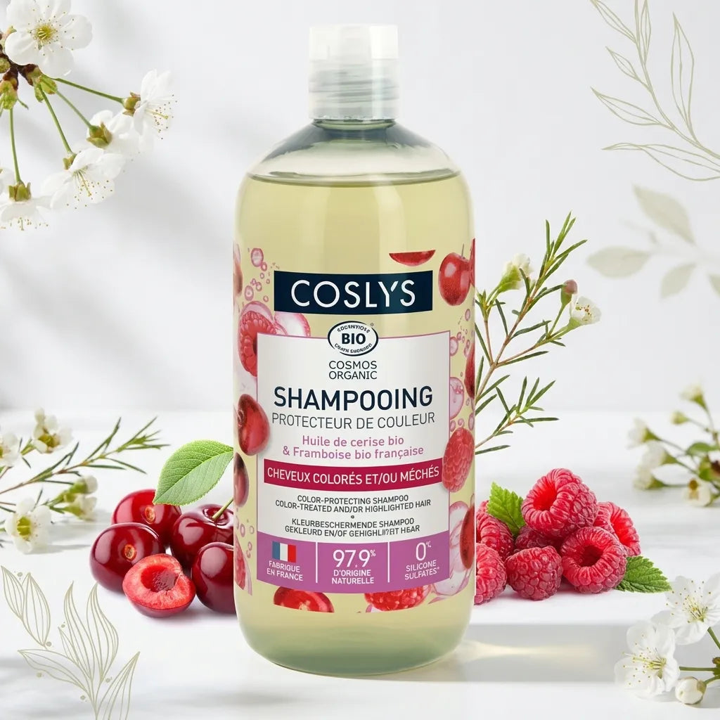Shampooing protecteur couleur Coslys bio vegan avec fruits rouges, bouteille produit