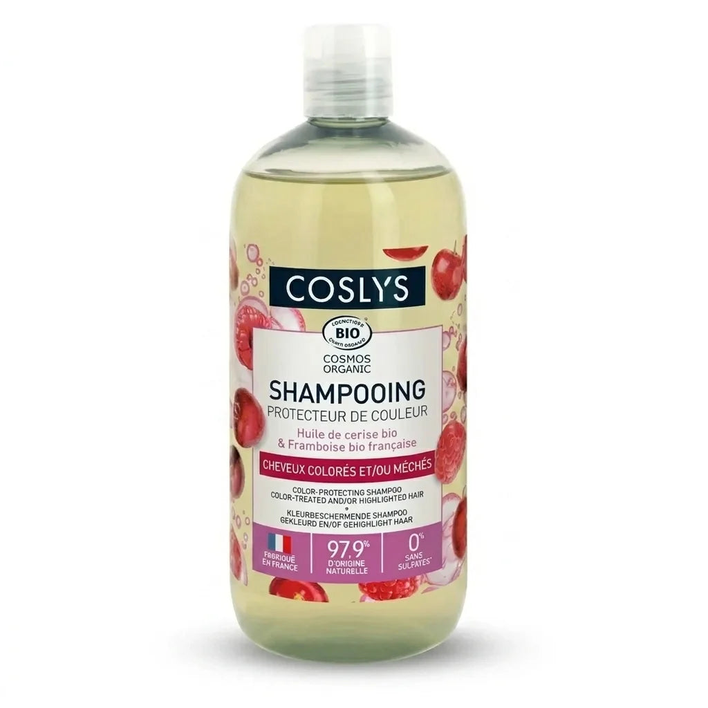 Shampooing protecteur couleur Coslys bio vegan bouteille jaune cerises framboises fond blanc