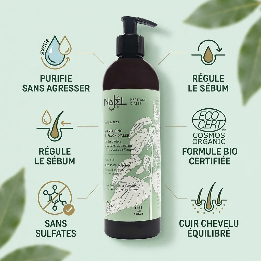 Shampooing Najel Savon d'Alep bio pour cheveux gras avec ses bénéfices : purifie, régule sébum, sans sulfates